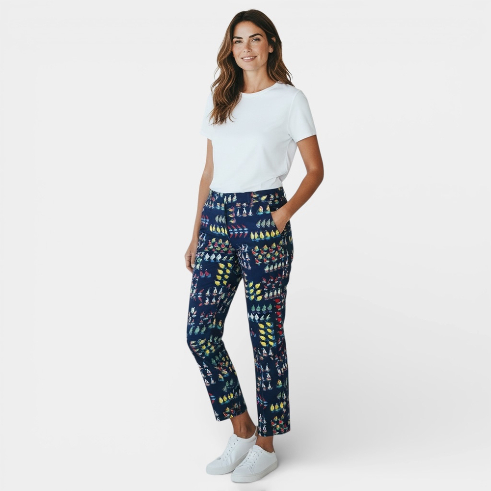 J.CREW COLLECTION Pants Women Size 0 Navy Blue with Sailboat Print Crop Nautical